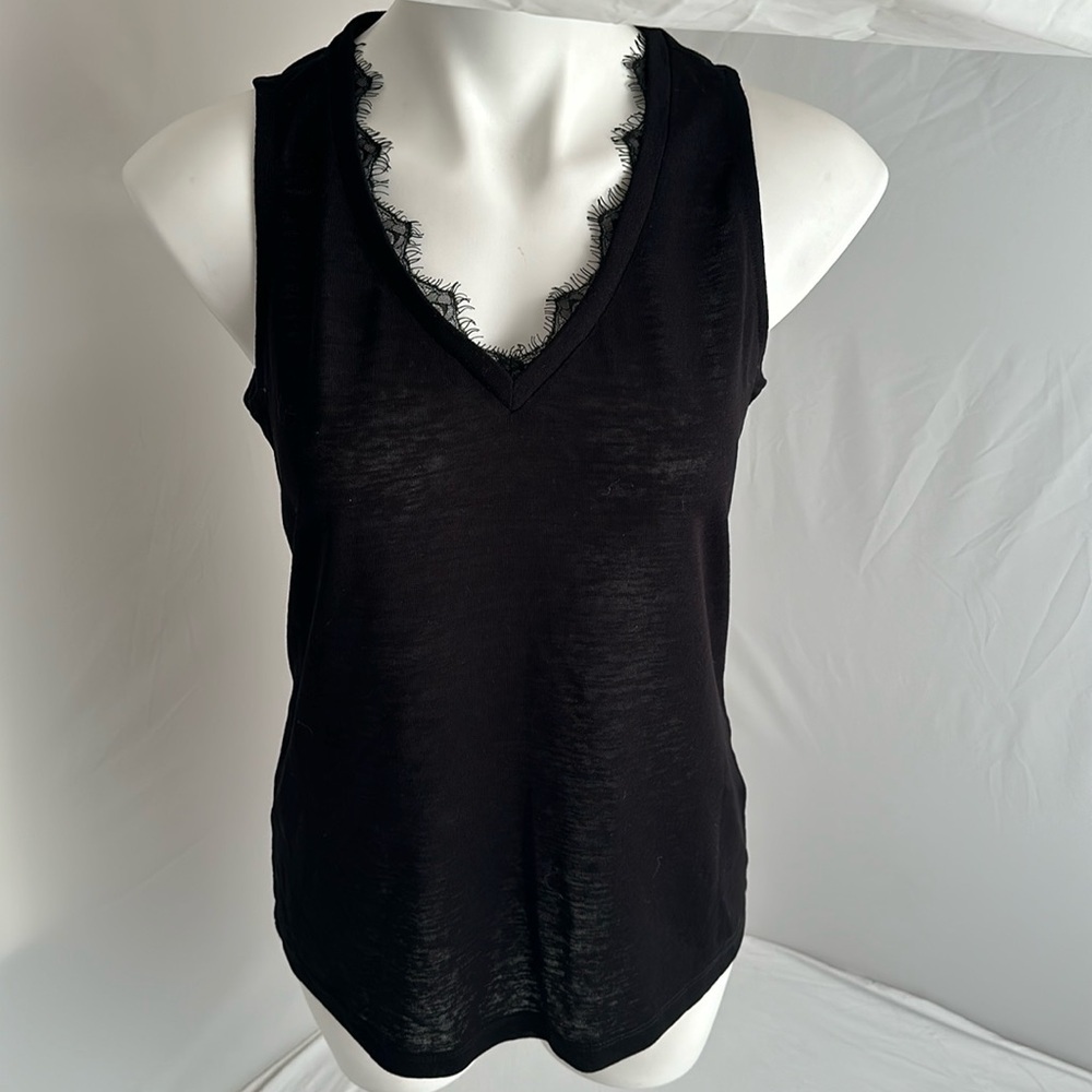 Blanco black sleeveless v-neck tank top with lace embellished neckline